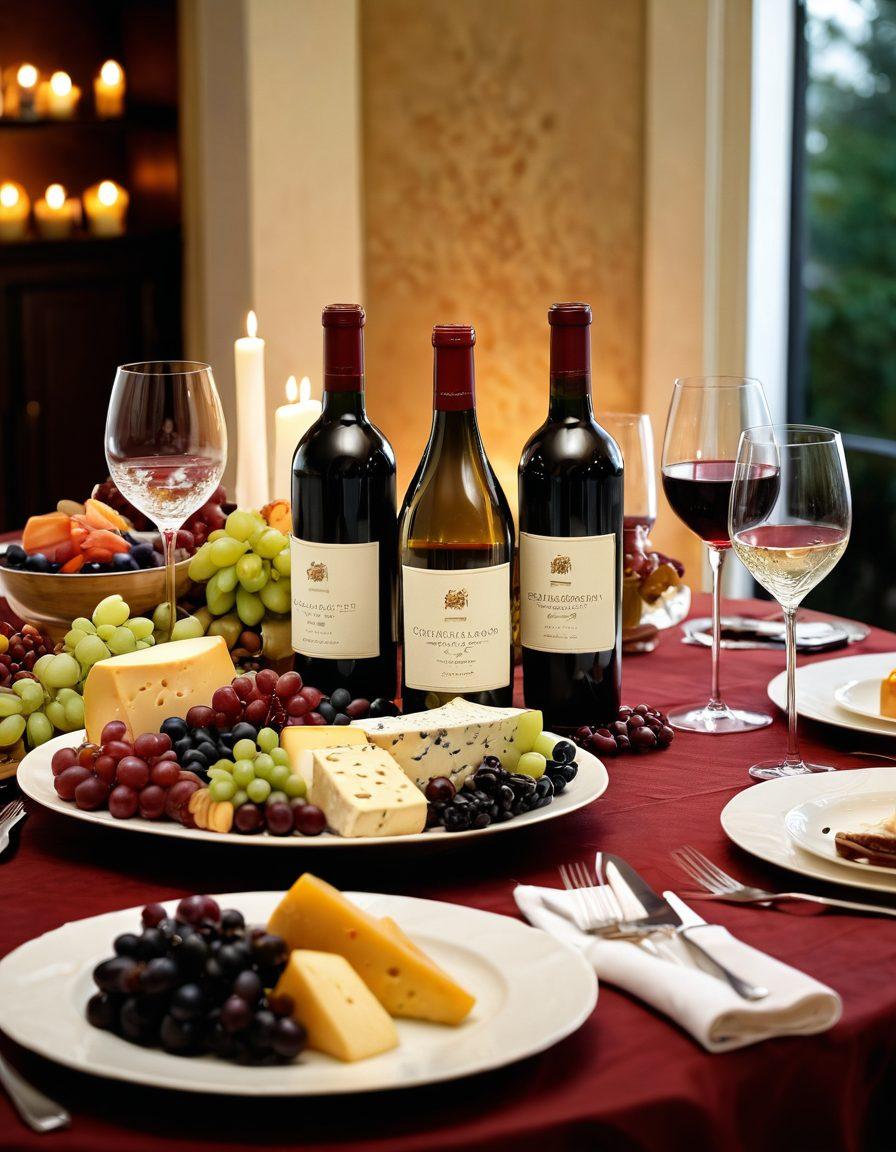 An elegant table set for a dinner party, featuring a variety of wine bottles and glasses, alongside a beautifully arranged cheese and fruit platter. The background should include soft candlelight and artistic decorations to create a warm ambiance. A color palette of deep reds, whites, and golds to reflect the richness of wine. super-realistic. vibrant colors. warm lighting.