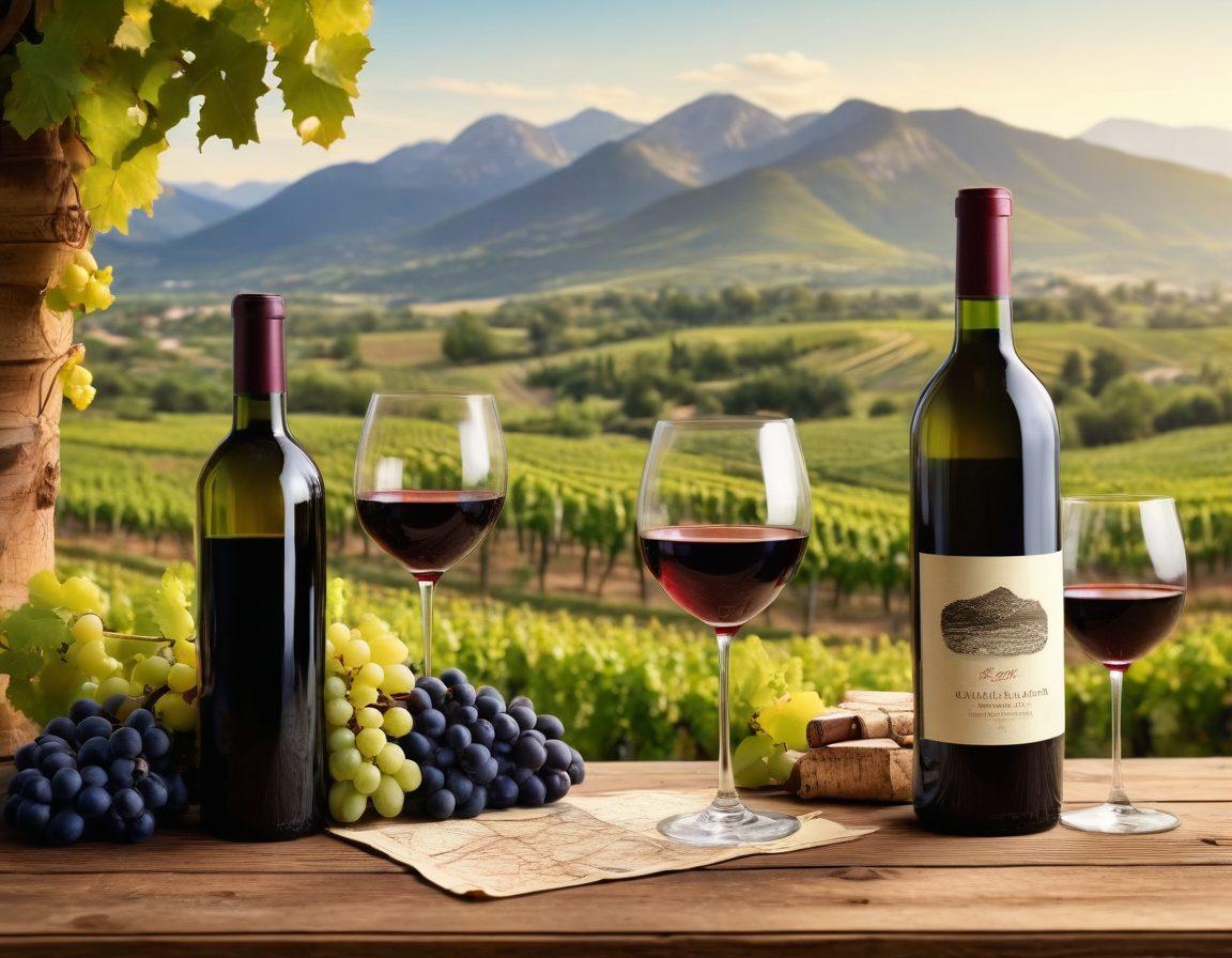 A sophisticated sommelier elegantly pouring a glass of wine in a vineyard surrounded by lush grapevines and mountains. A world map highlighting famous wine regions in the background, with a blend of vintage wine bottles and corks scattered on a rustic wooden table. The scene captures the essence of wine culture and exploration. warm tones. super-realistic. vibrant colors.