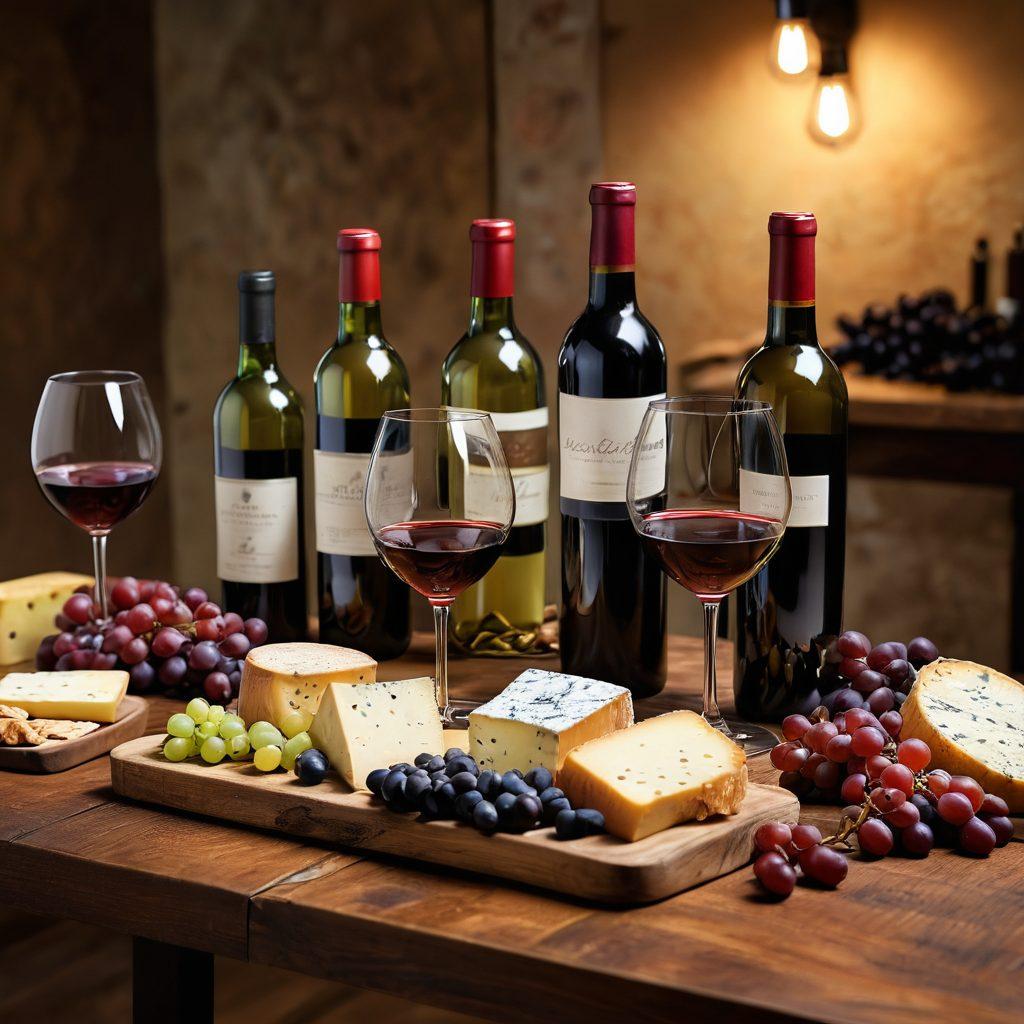 A rustic wooden table set for a wine tasting, featuring an elegant assortment of wine glasses filled with various red and white wines. Include vibrant bottles of wine arranged artfully, surrounded by grapevines and cheese platters, all under warm, ambient lighting. Capture the essence of wine culture and its convivial atmosphere. super-realistic. warm tones. inviting ambiance.